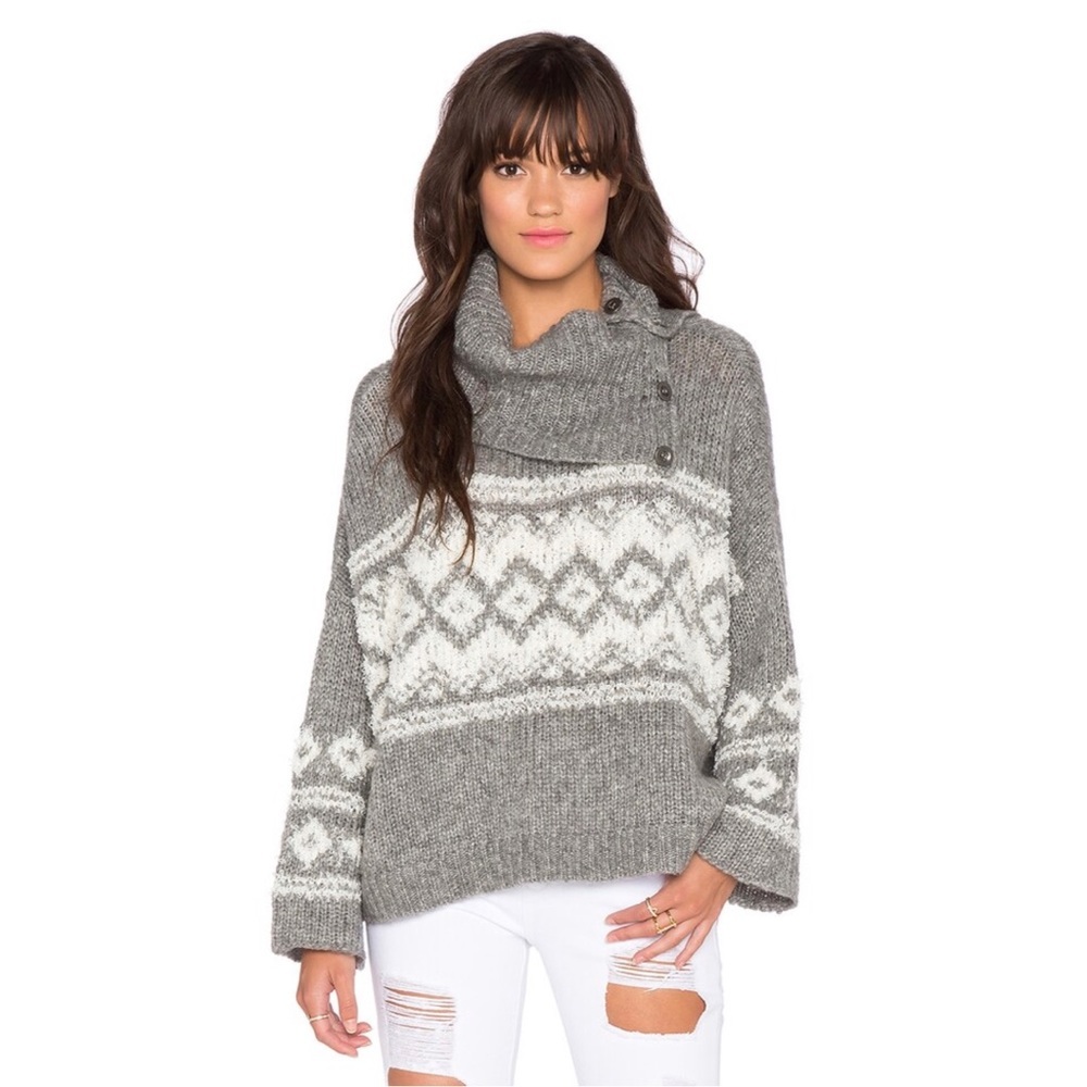 FREE PEOPLE Fairisle Split Neck Sweater in Charcoal & Ivory